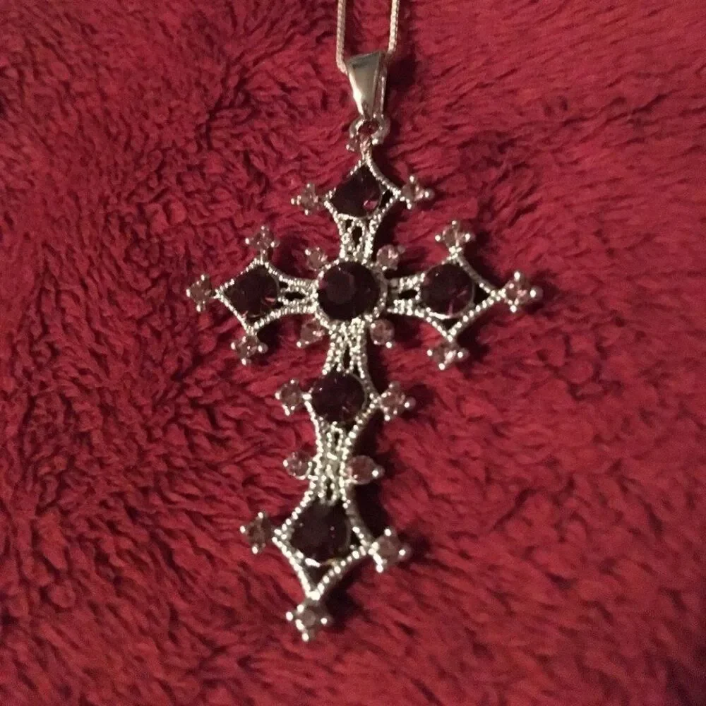 Silver Tone & Purple Crystal Cross and Crystal Hair Comb